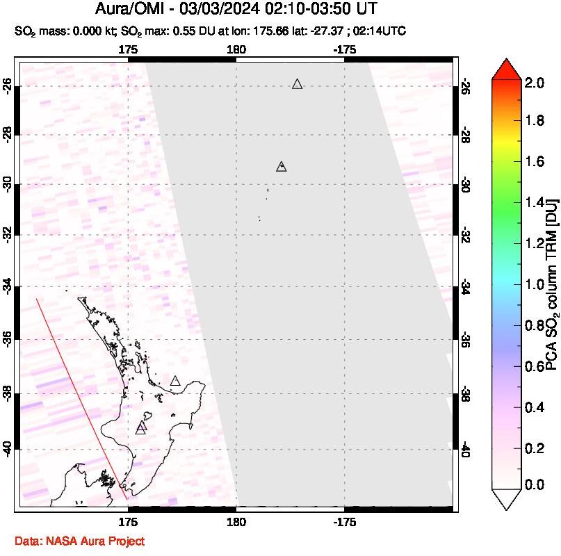 A sulfur dioxide image over New Zealand on Mar 03, 2024.