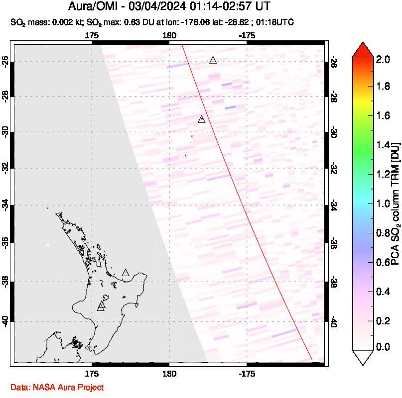 A sulfur dioxide image over New Zealand on Mar 04, 2024.