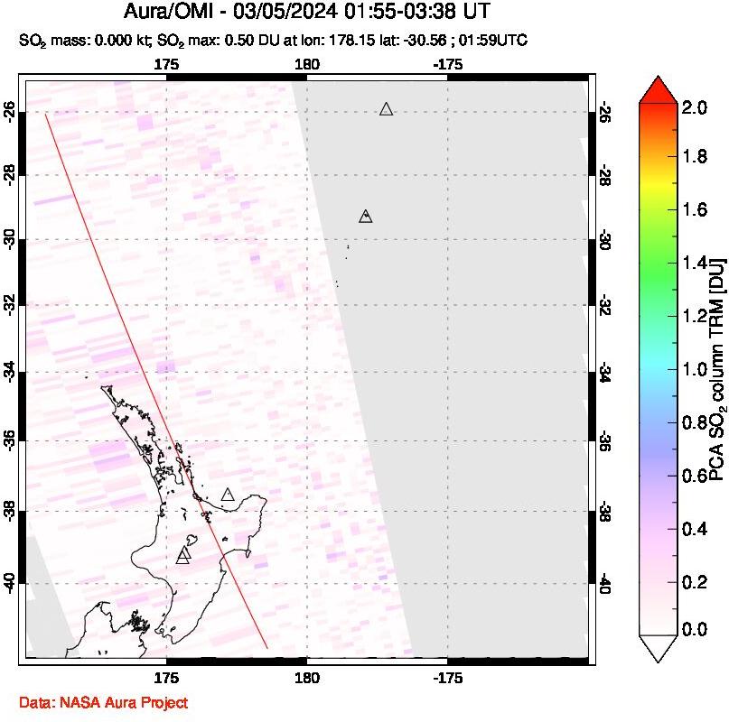 A sulfur dioxide image over New Zealand on Mar 05, 2024.