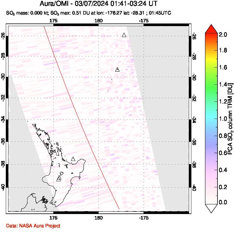 A sulfur dioxide image over New Zealand on Mar 07, 2024.