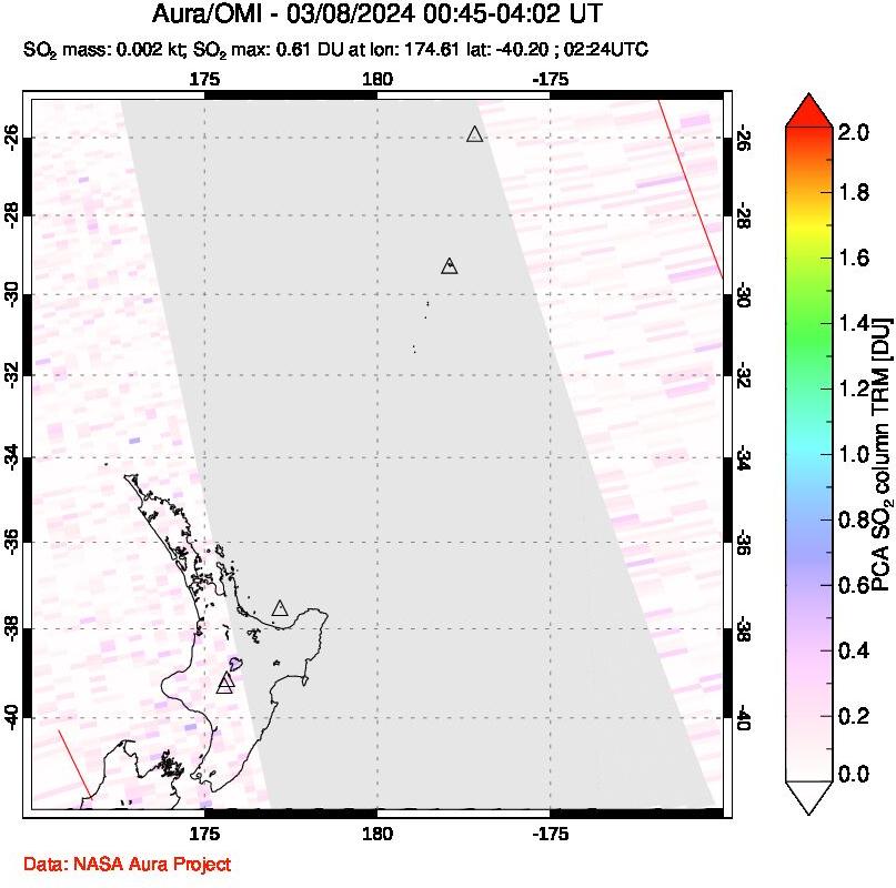 A sulfur dioxide image over New Zealand on Mar 08, 2024.