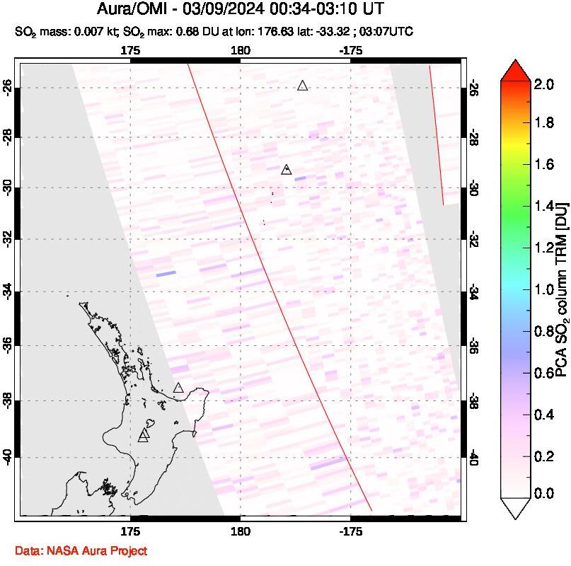 A sulfur dioxide image over New Zealand on Mar 09, 2024.