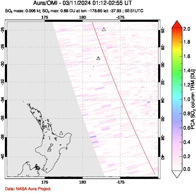 A sulfur dioxide image over New Zealand on Mar 11, 2024.