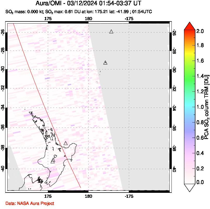 A sulfur dioxide image over New Zealand on Mar 12, 2024.