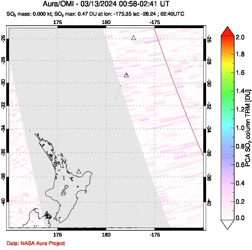 A sulfur dioxide image over New Zealand on Mar 13, 2024.