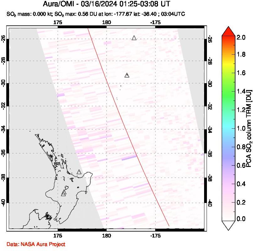 A sulfur dioxide image over New Zealand on Mar 16, 2024.