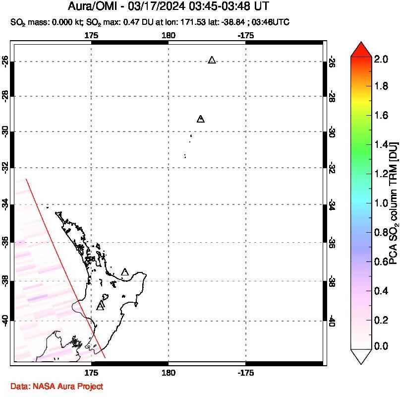 A sulfur dioxide image over New Zealand on Mar 17, 2024.