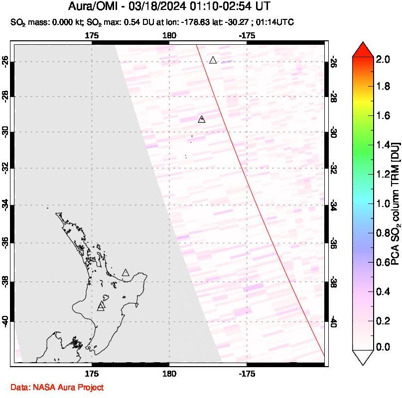 A sulfur dioxide image over New Zealand on Mar 18, 2024.