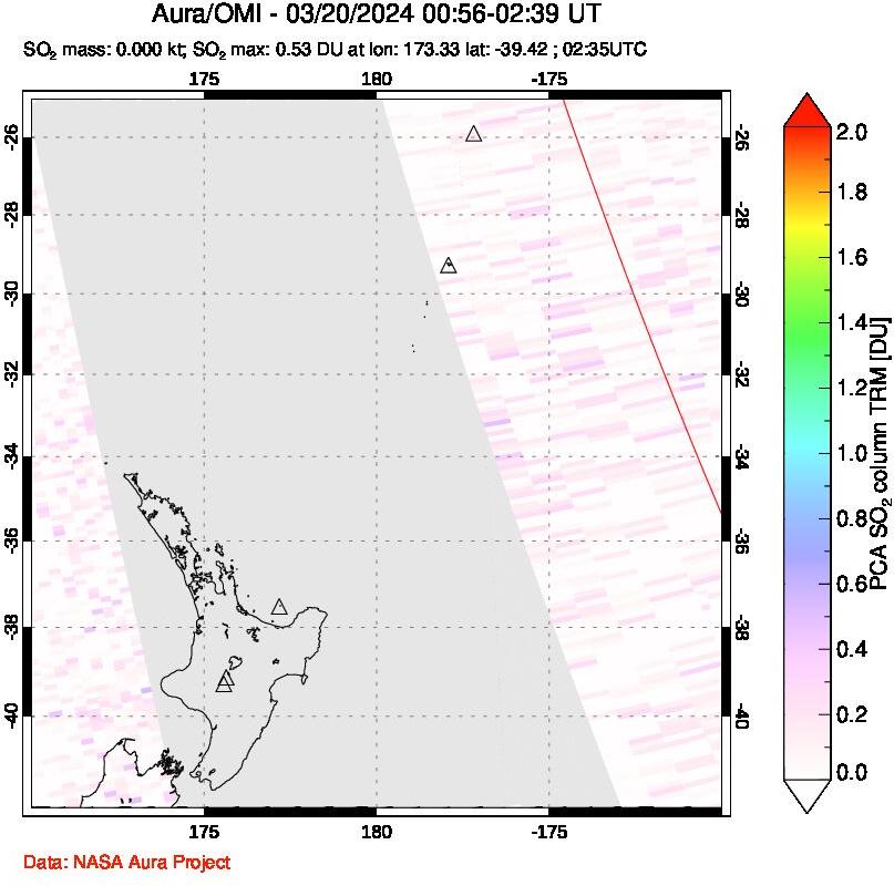 A sulfur dioxide image over New Zealand on Mar 20, 2024.