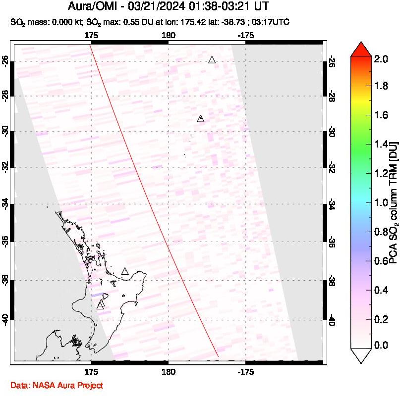 A sulfur dioxide image over New Zealand on Mar 21, 2024.