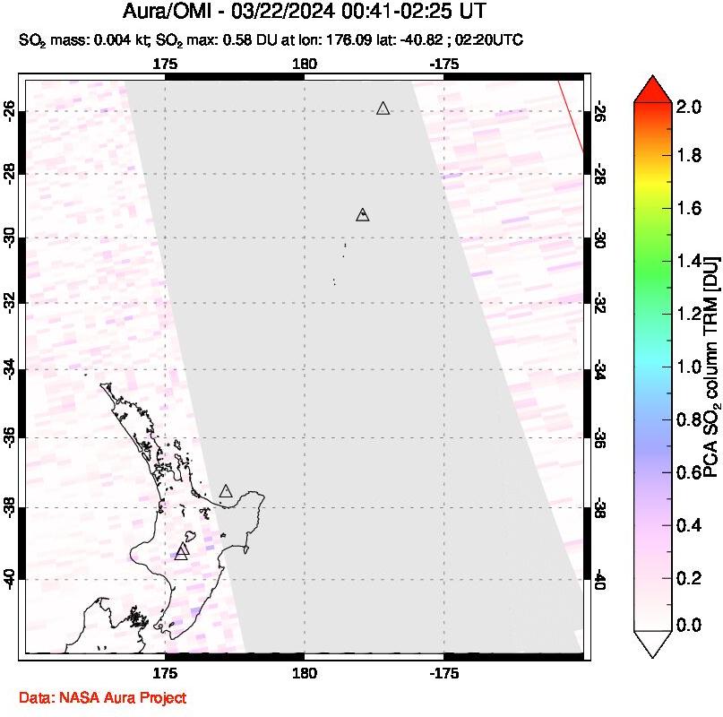 A sulfur dioxide image over New Zealand on Mar 22, 2024.