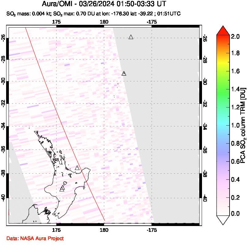 A sulfur dioxide image over New Zealand on Mar 26, 2024.