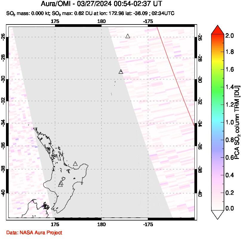 A sulfur dioxide image over New Zealand on Mar 27, 2024.