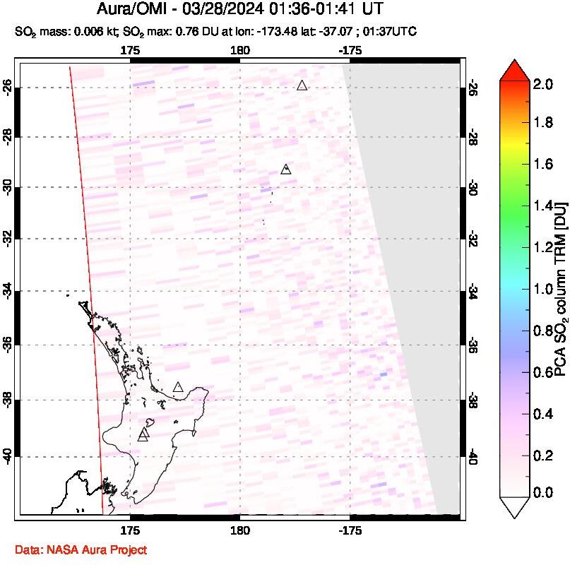 A sulfur dioxide image over New Zealand on Mar 28, 2024.