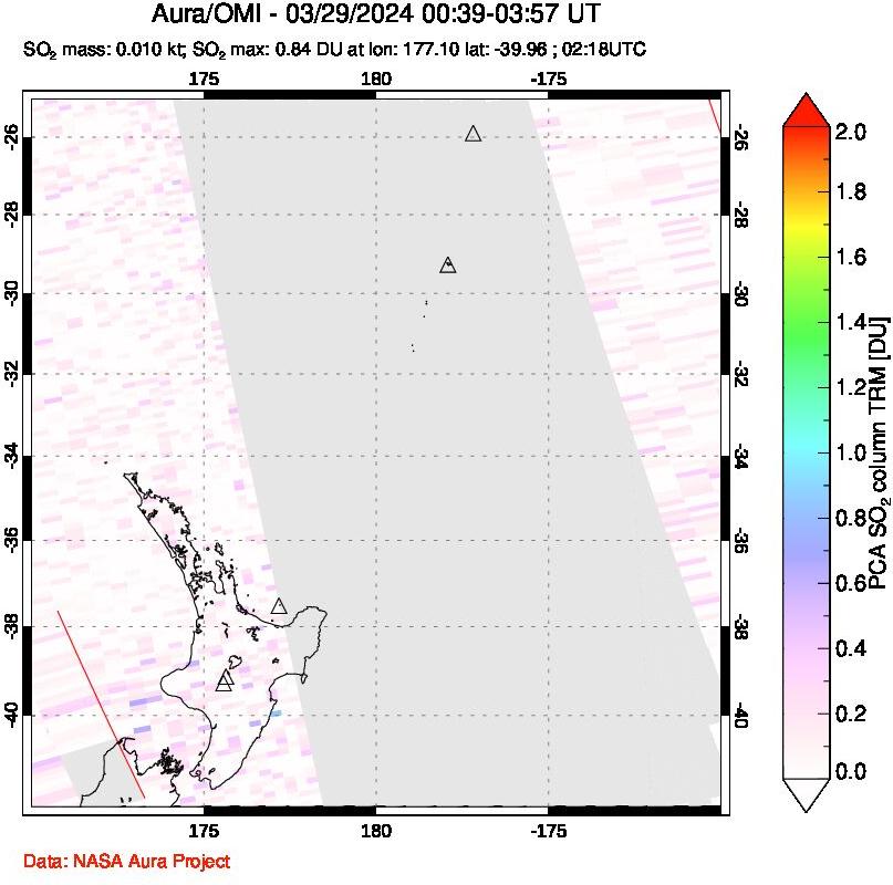 A sulfur dioxide image over New Zealand on Mar 29, 2024.