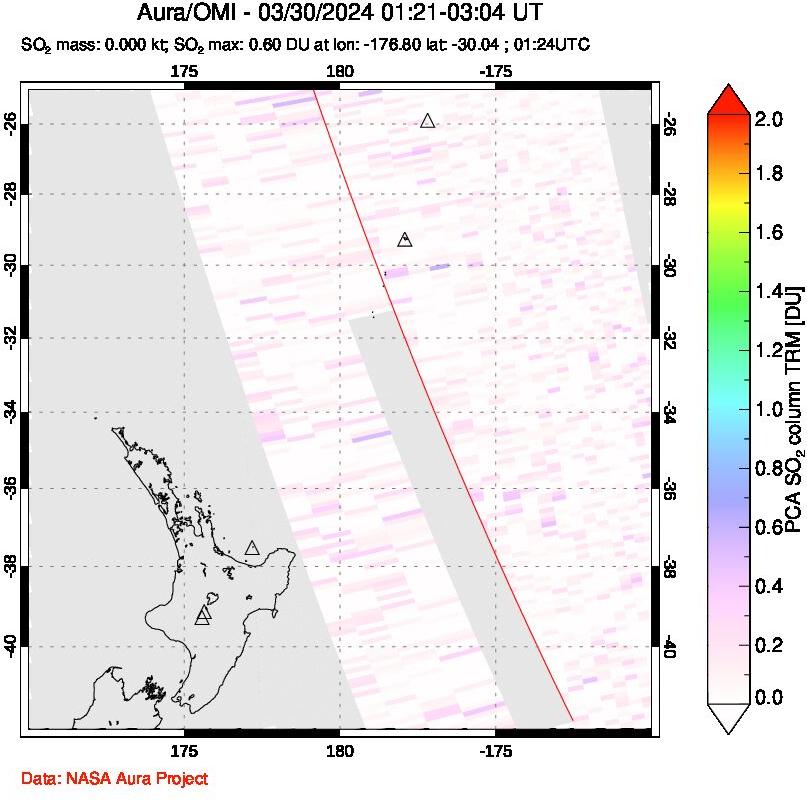 A sulfur dioxide image over New Zealand on Mar 30, 2024.