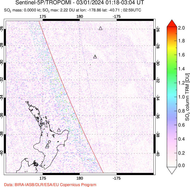 A sulfur dioxide image over New Zealand on Mar 01, 2024.