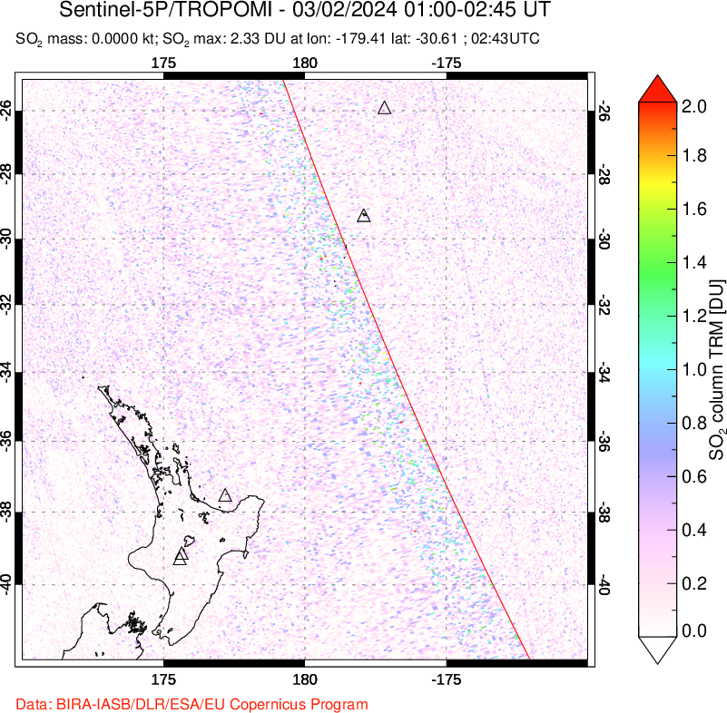 A sulfur dioxide image over New Zealand on Mar 02, 2024.