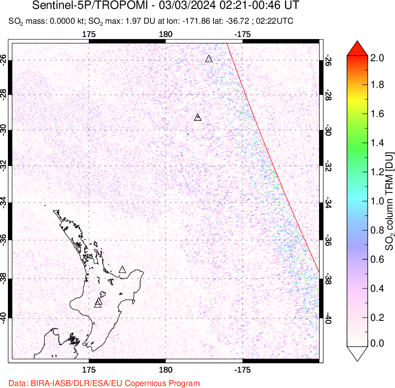 A sulfur dioxide image over New Zealand on Mar 03, 2024.