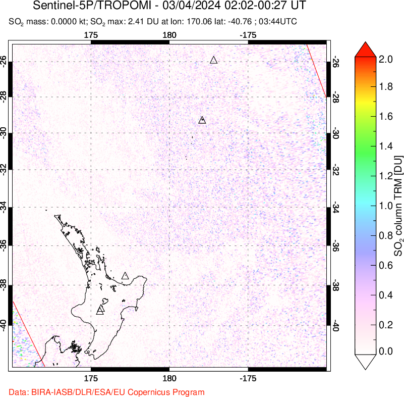 A sulfur dioxide image over New Zealand on Mar 04, 2024.