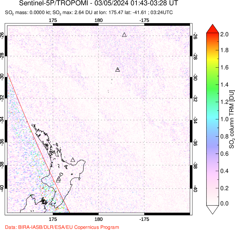 A sulfur dioxide image over New Zealand on Mar 05, 2024.