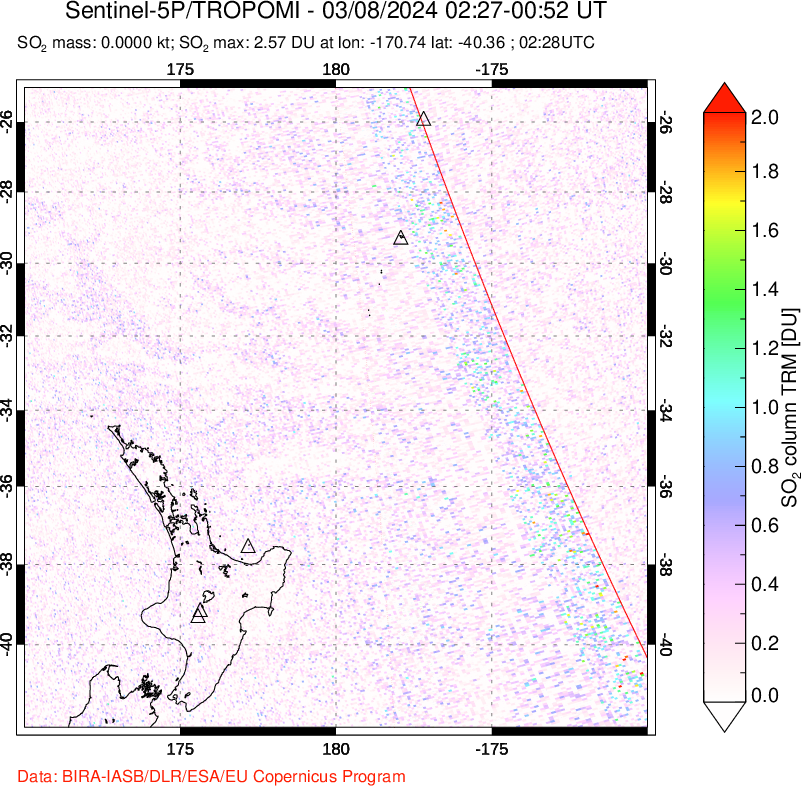 A sulfur dioxide image over New Zealand on Mar 08, 2024.