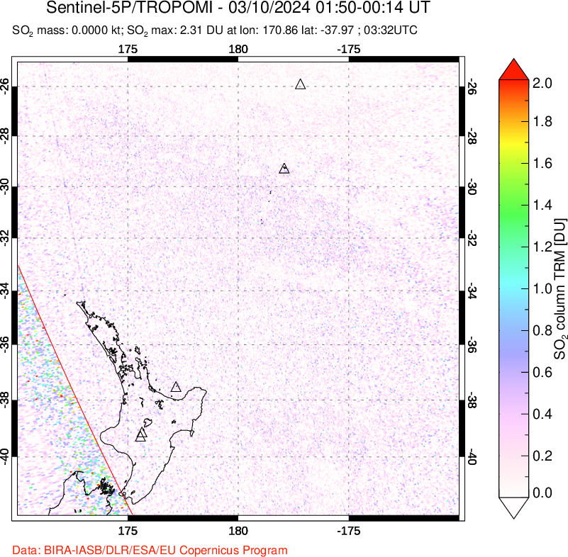 A sulfur dioxide image over New Zealand on Mar 10, 2024.