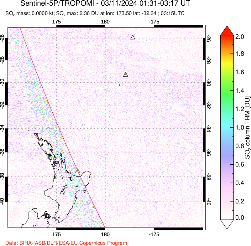 A sulfur dioxide image over New Zealand on Mar 11, 2024.