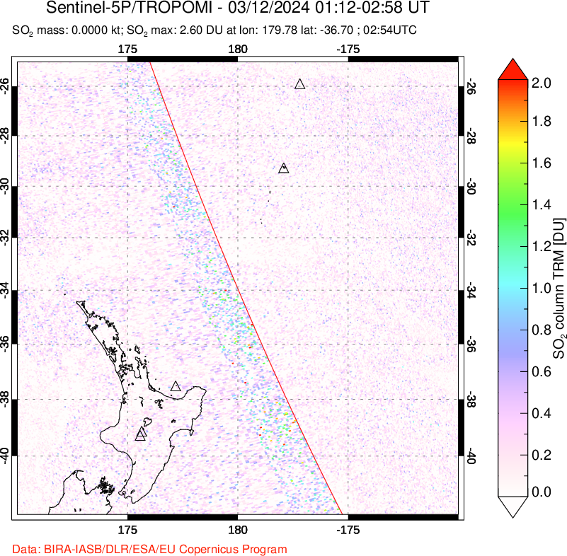 A sulfur dioxide image over New Zealand on Mar 12, 2024.