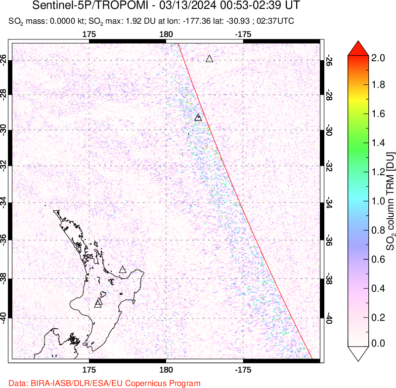 A sulfur dioxide image over New Zealand on Mar 13, 2024.