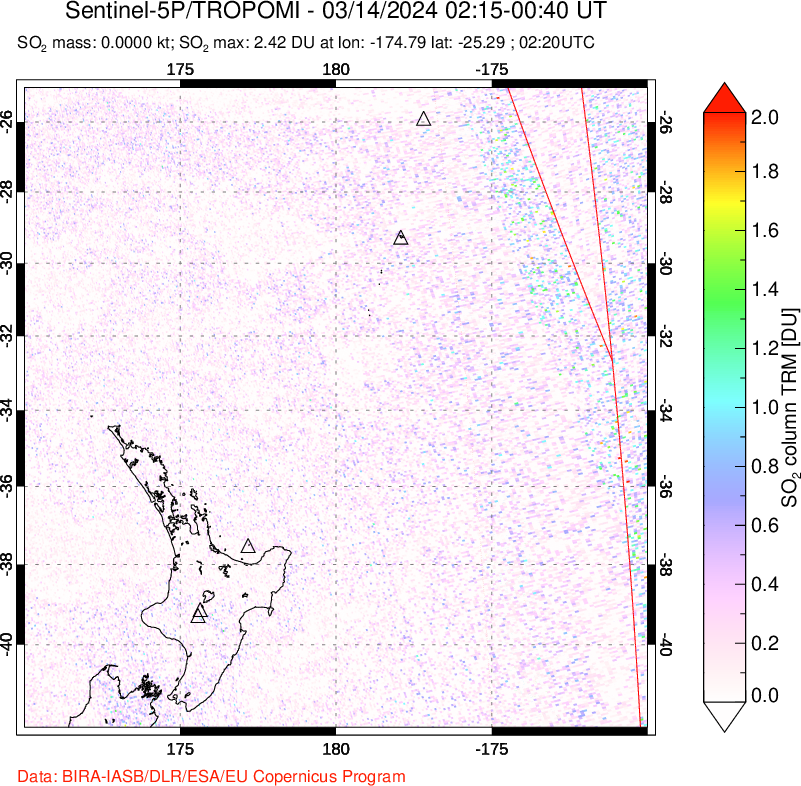 A sulfur dioxide image over New Zealand on Mar 14, 2024.