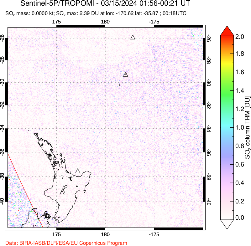 A sulfur dioxide image over New Zealand on Mar 15, 2024.