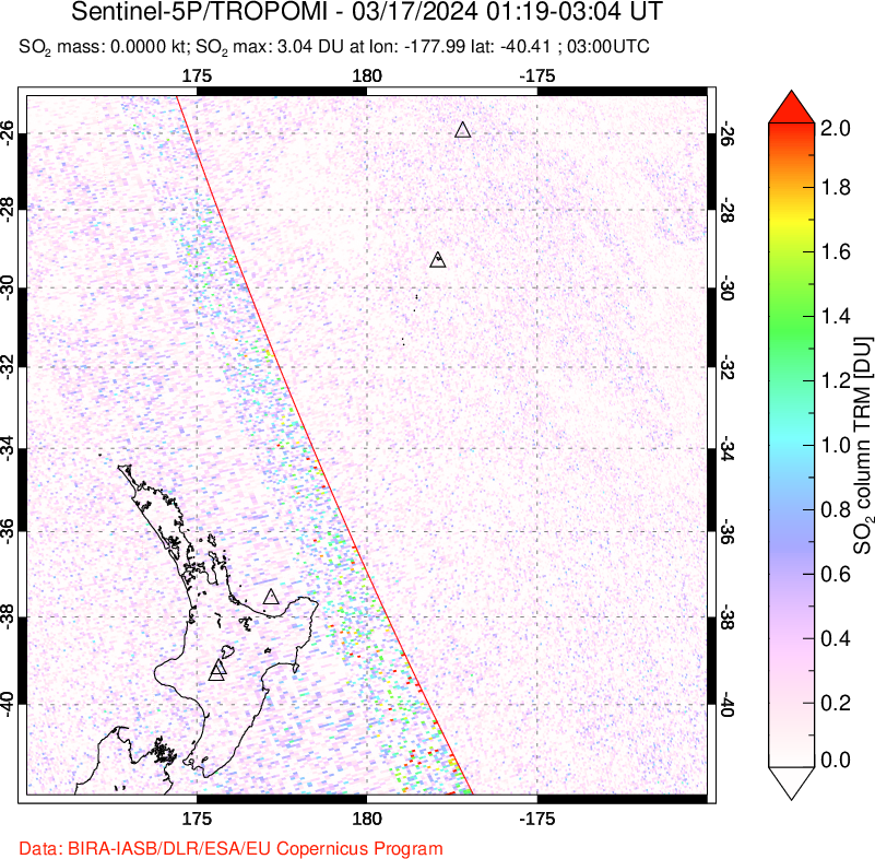 A sulfur dioxide image over New Zealand on Mar 17, 2024.