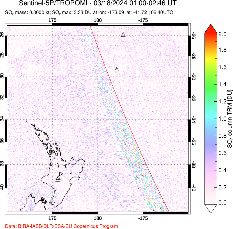 A sulfur dioxide image over New Zealand on Mar 18, 2024.