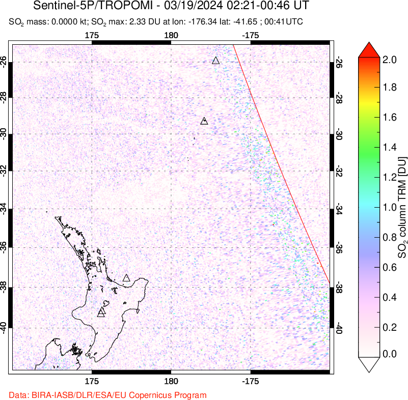 A sulfur dioxide image over New Zealand on Mar 19, 2024.