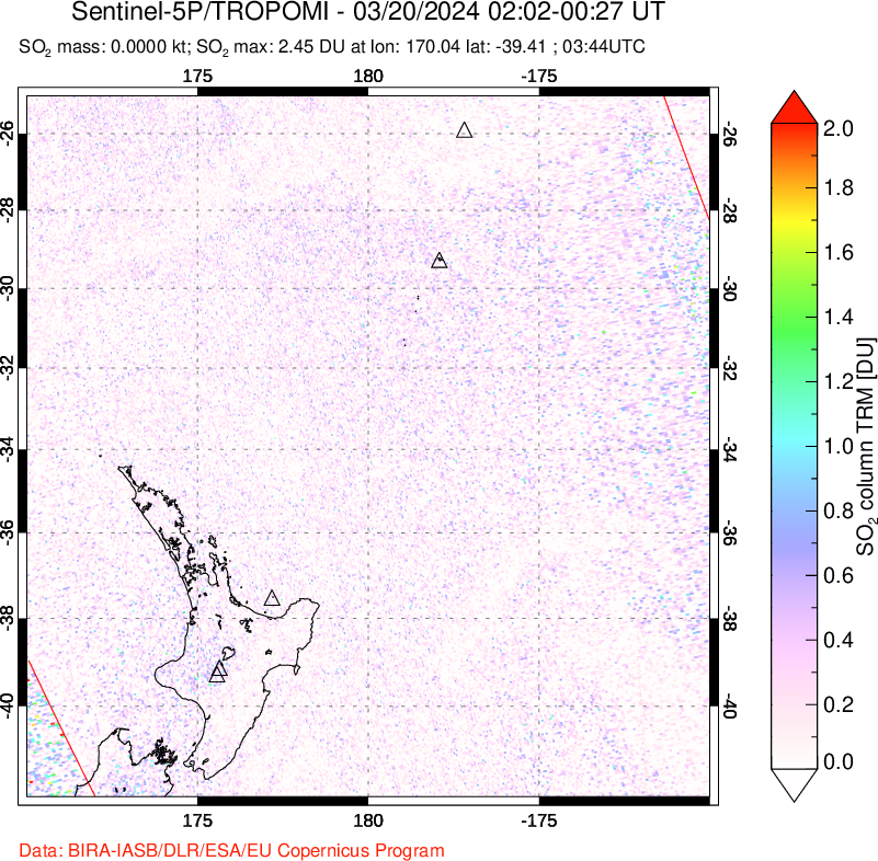 A sulfur dioxide image over New Zealand on Mar 20, 2024.