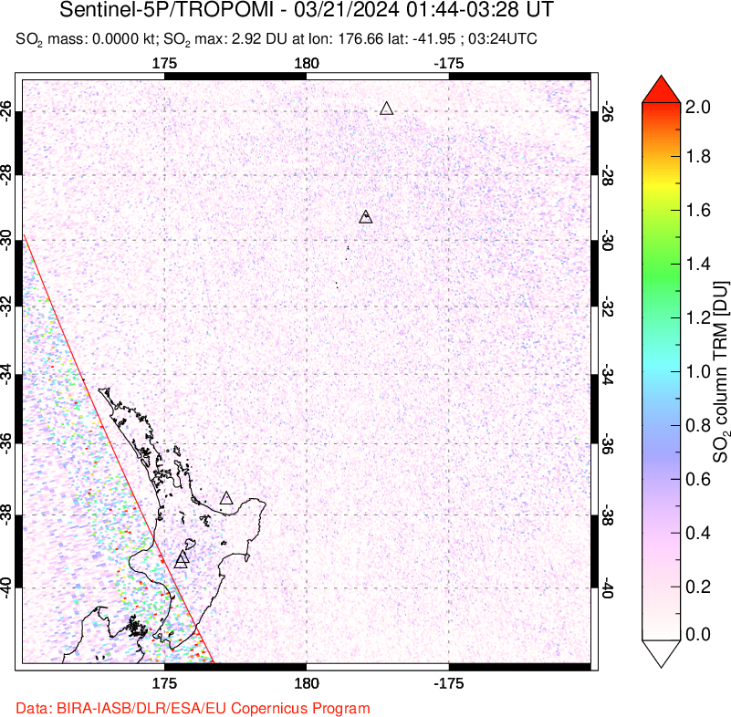 A sulfur dioxide image over New Zealand on Mar 21, 2024.