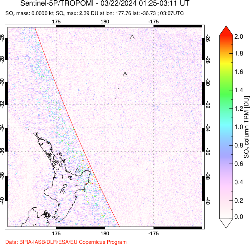 A sulfur dioxide image over New Zealand on Mar 22, 2024.