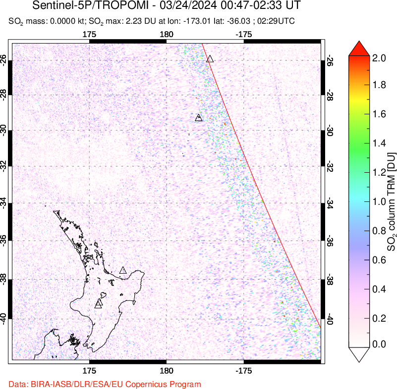 A sulfur dioxide image over New Zealand on Mar 24, 2024.