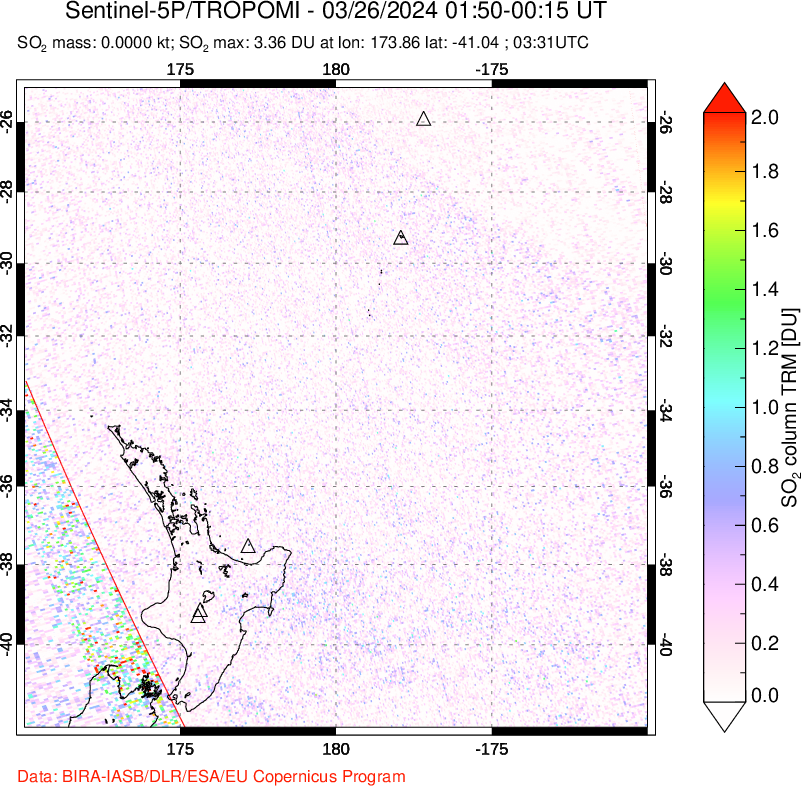 A sulfur dioxide image over New Zealand on Mar 26, 2024.