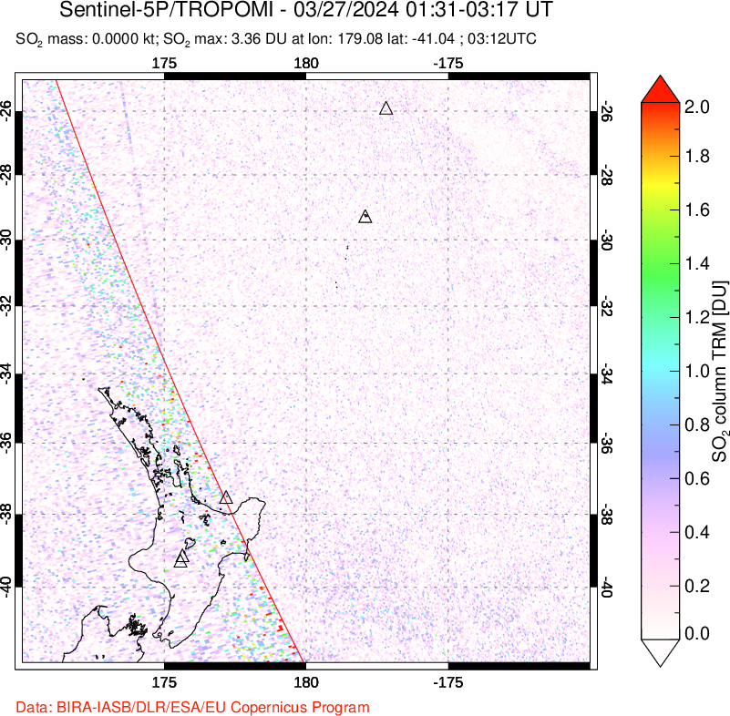 A sulfur dioxide image over New Zealand on Mar 27, 2024.