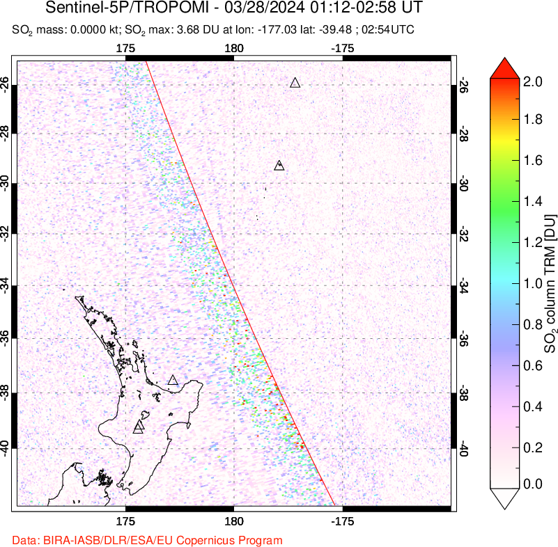 A sulfur dioxide image over New Zealand on Mar 28, 2024.