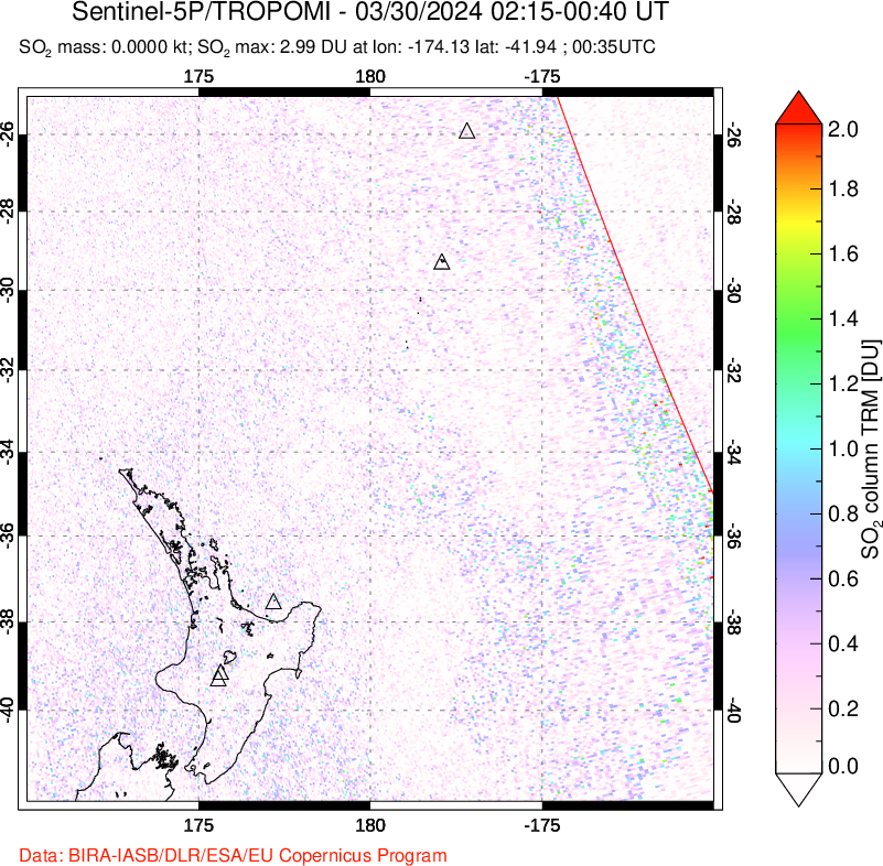 A sulfur dioxide image over New Zealand on Mar 30, 2024.