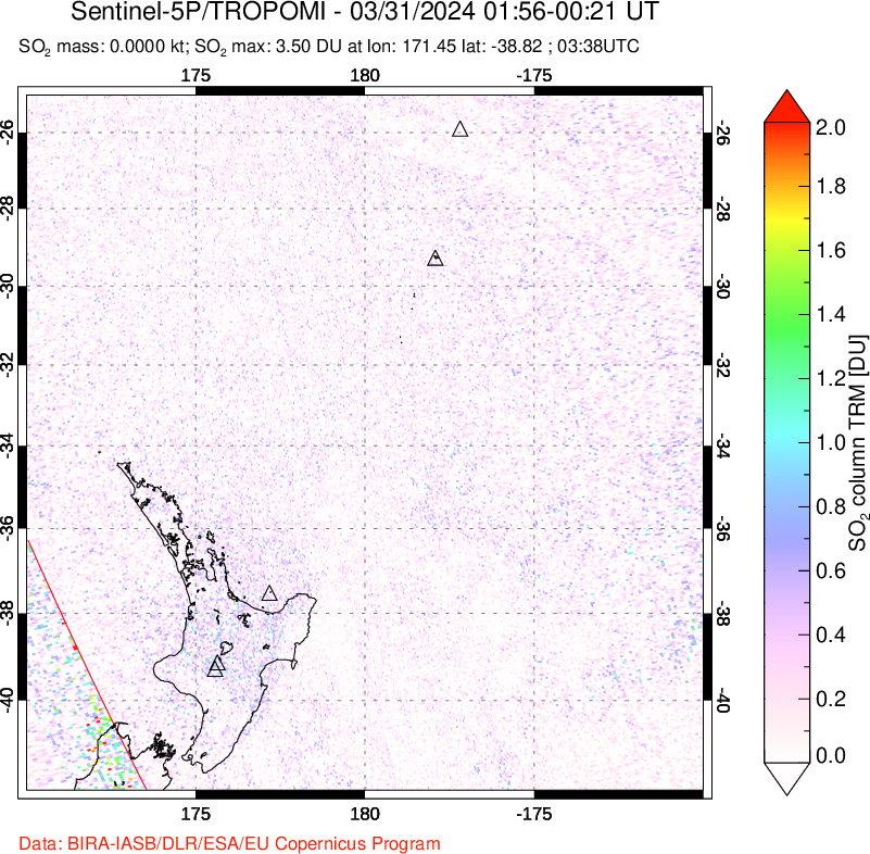 A sulfur dioxide image over New Zealand on Mar 31, 2024.