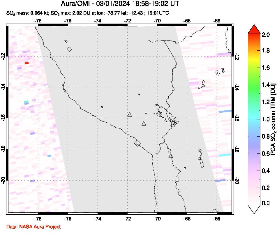 A sulfur dioxide image over Peru on Mar 01, 2024.