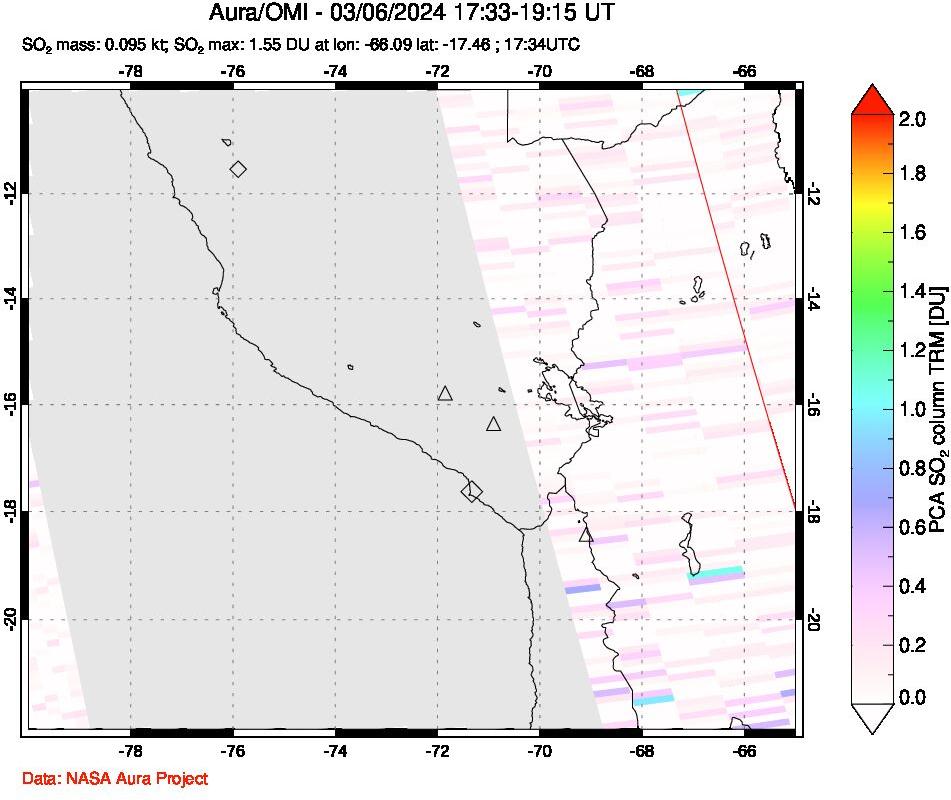 A sulfur dioxide image over Peru on Mar 06, 2024.