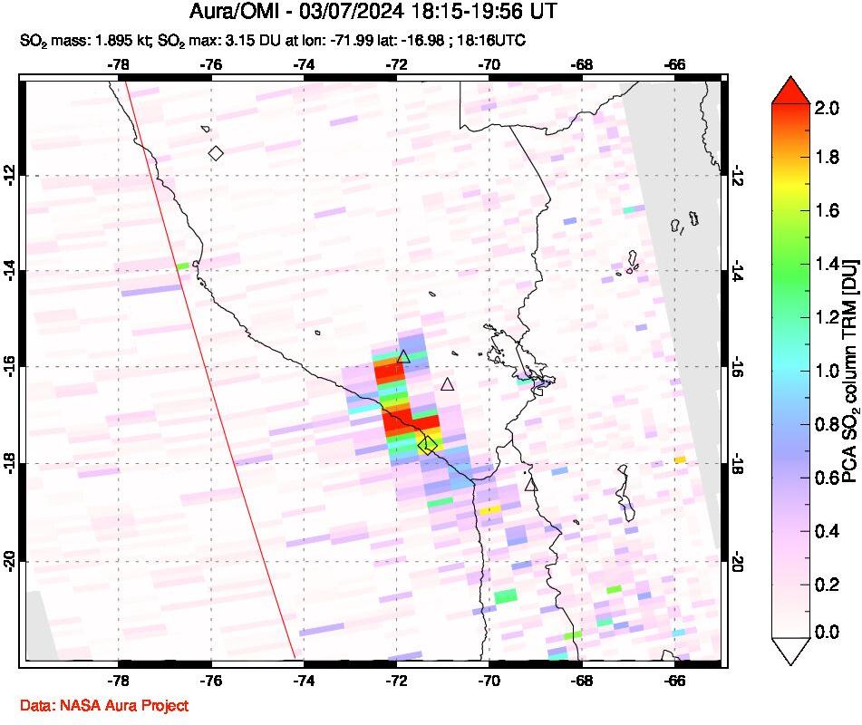 A sulfur dioxide image over Peru on Mar 07, 2024.