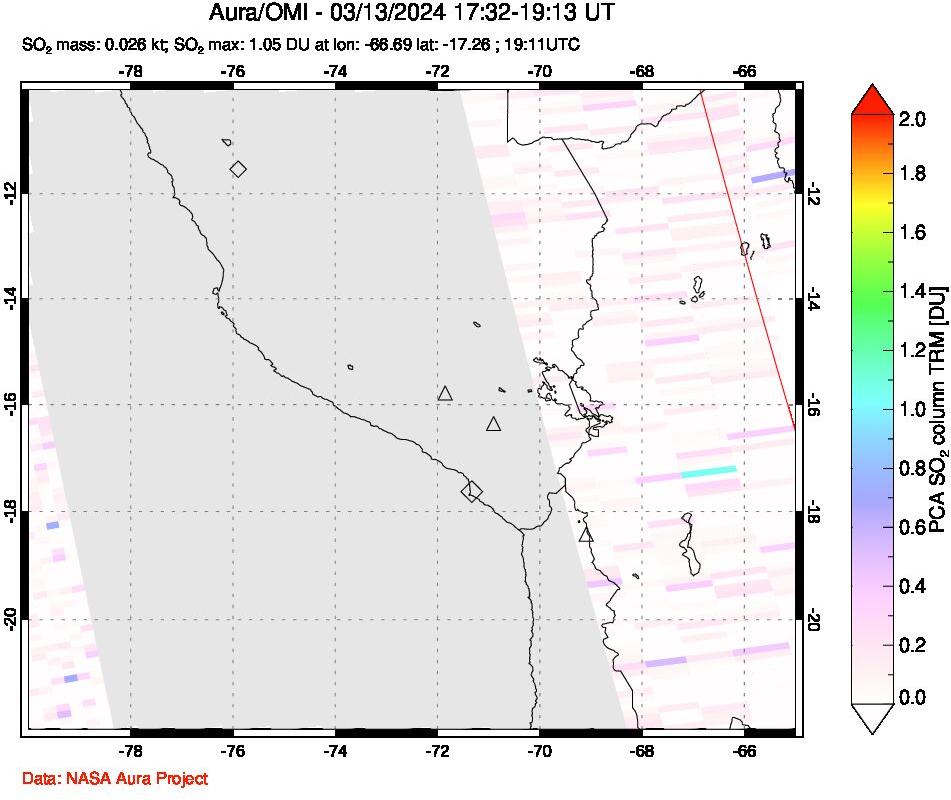 A sulfur dioxide image over Peru on Mar 13, 2024.