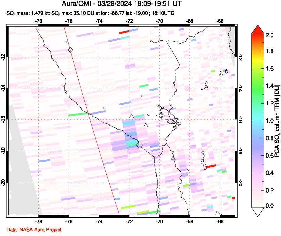 A sulfur dioxide image over Peru on Mar 28, 2024.