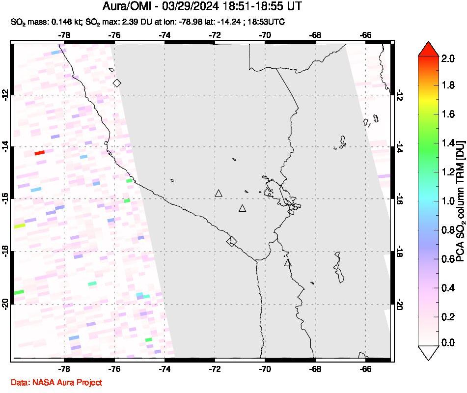 A sulfur dioxide image over Peru on Mar 29, 2024.